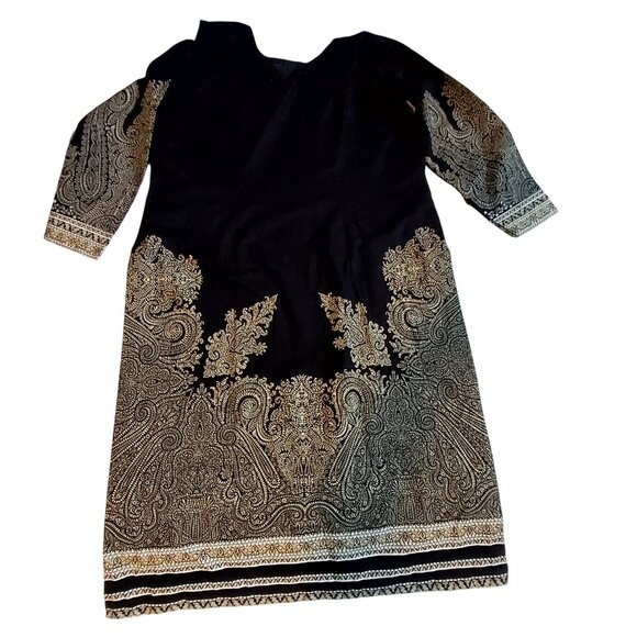Black & Gold Embroidered Long Kurta With Floral & Paisley Design 3/4 Sleeves - Picture 6 of 7